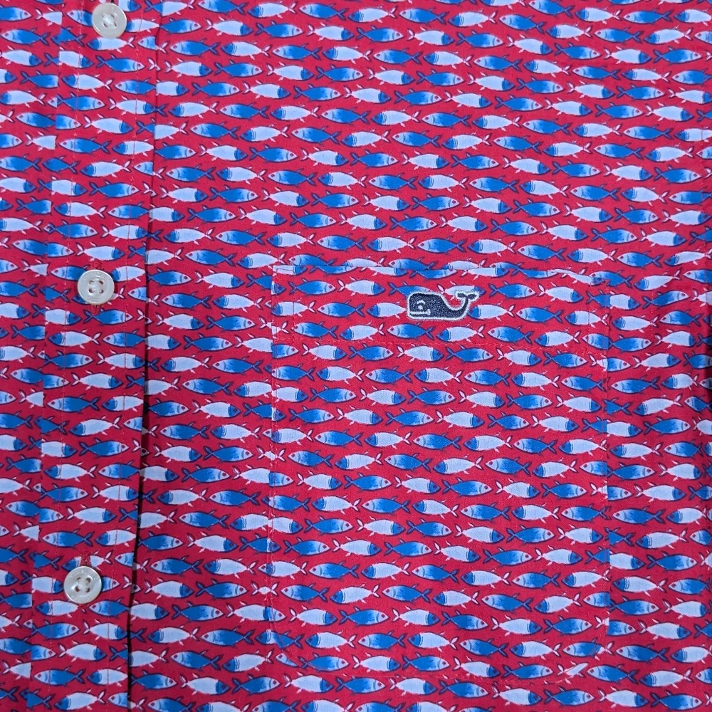 Vineyard Vines Micro Fish Red Short Sleeve Feather Performance Ripstop Shirt Med - Picture 4 of 10
